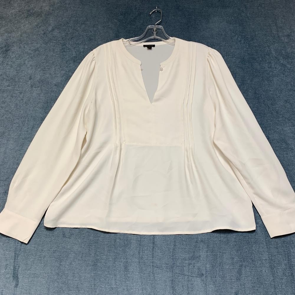 Ann Taylor Blouse Top Womens Medium Cream Pleated Lined Party Wear Split Neck